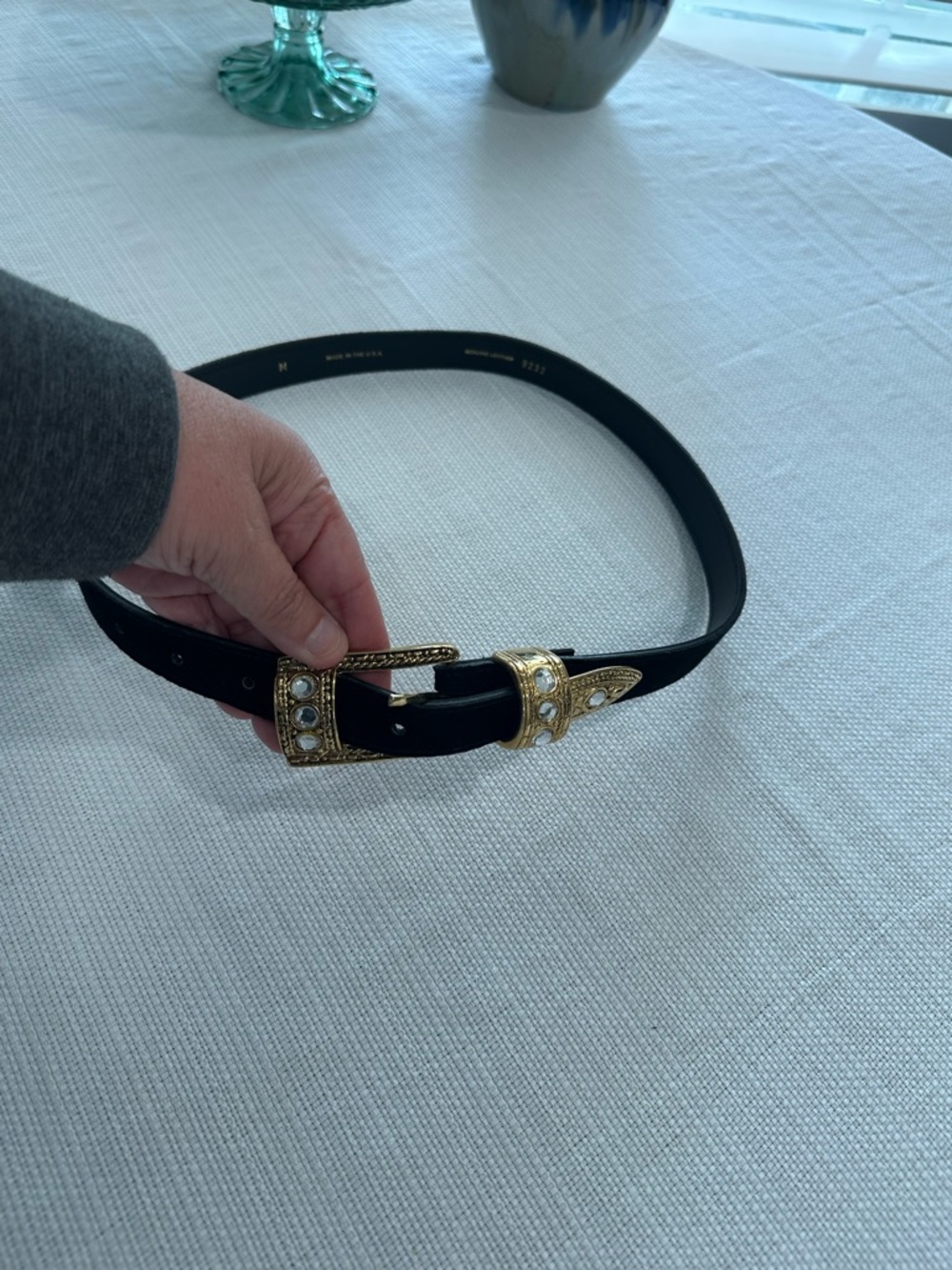 Black Women's Leather Belt with Gold Jeweled Buckle